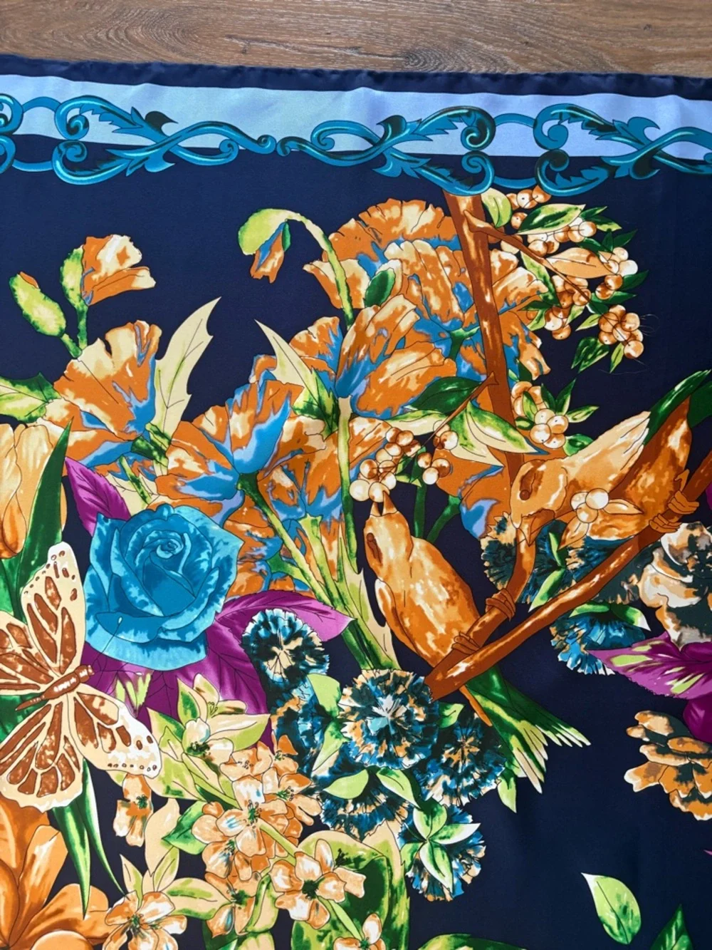Floral Garden Silk-Feel Square Scarf in Navy & Orange